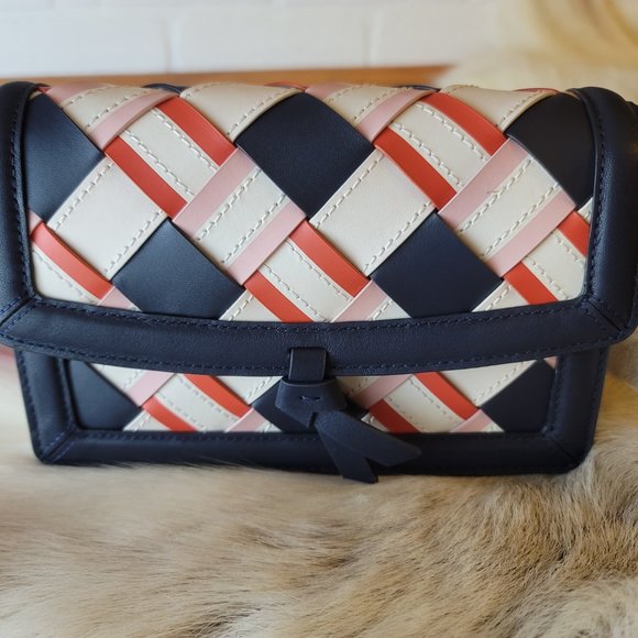 NWT Kate Spade Knott Woven Leather Flap Crossbody K6646 - Blazer Blue Multi - Picture 3 of 11